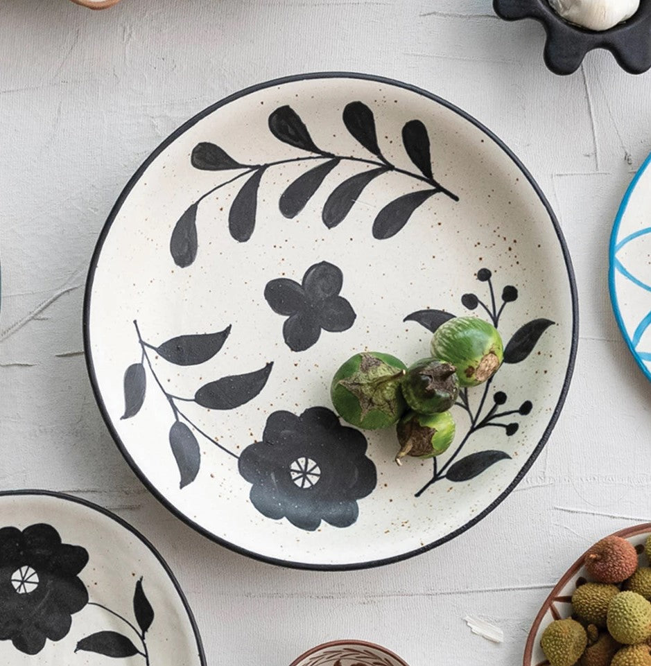 Hand-Painted Stoneware Bowl w/ Floral Design, Matte Black & Cream Color Speckled