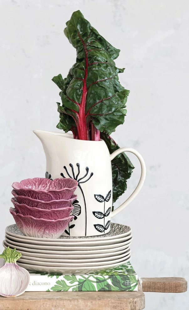 62 oz. Hand-Painted Stoneware Pitcher w/ Embossed Flowers