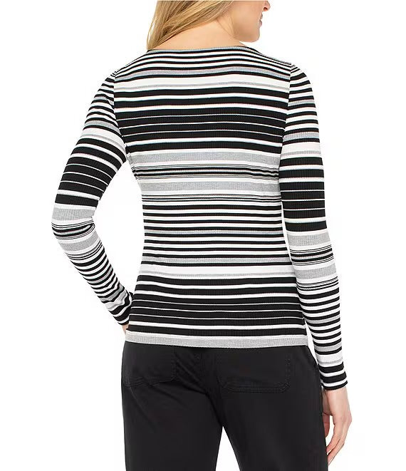 Ribbed Knit Striped Boat Neck Long Sleeve Top