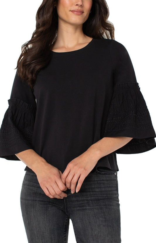 3/4 Sleeve Embroidered Knit To Woven Top