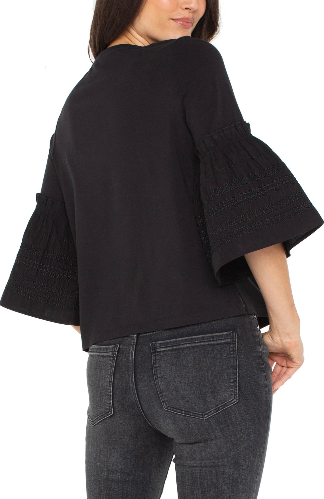 3/4 Sleeve Embroidered Knit To Woven Top