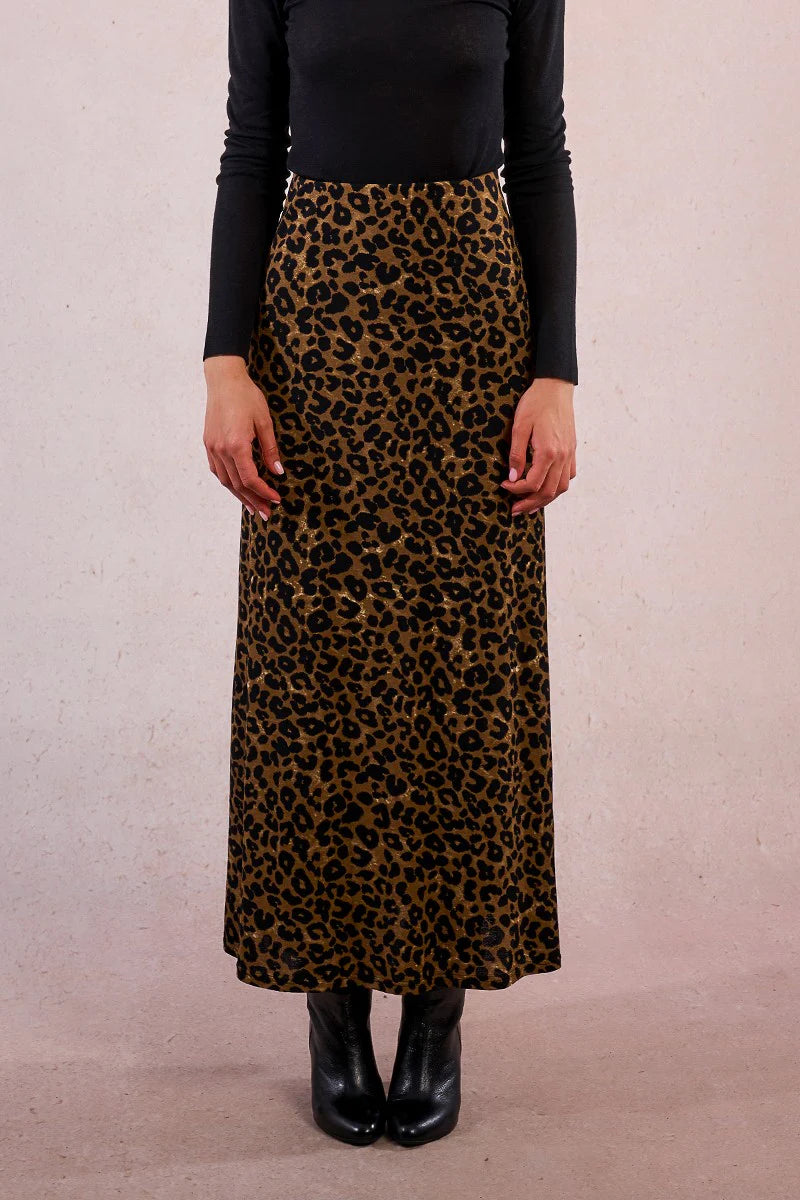 Leopard Knit Maxi Skirt in Khaki