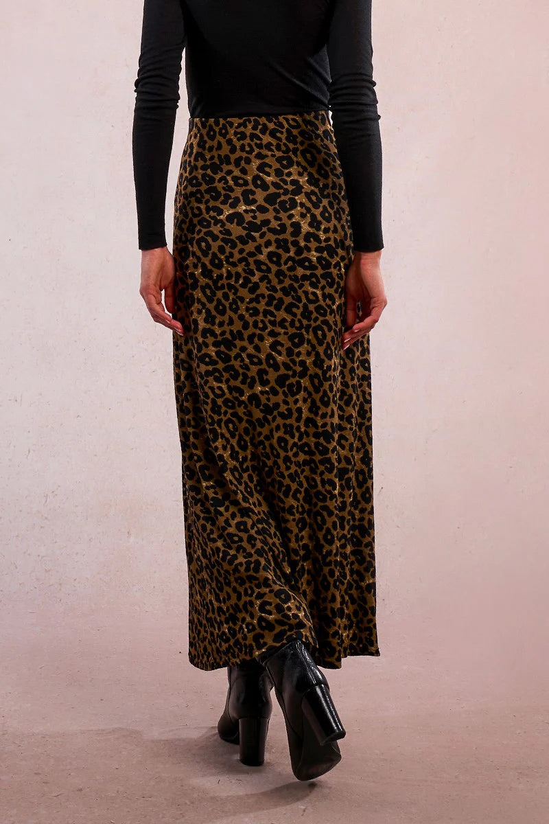 Leopard Knit Maxi Skirt in Khaki
