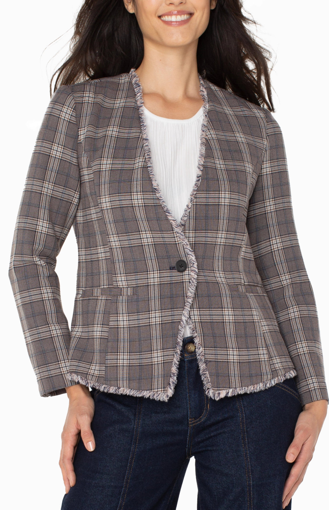 Petite Collarless Fitted Blazer W/ Fray