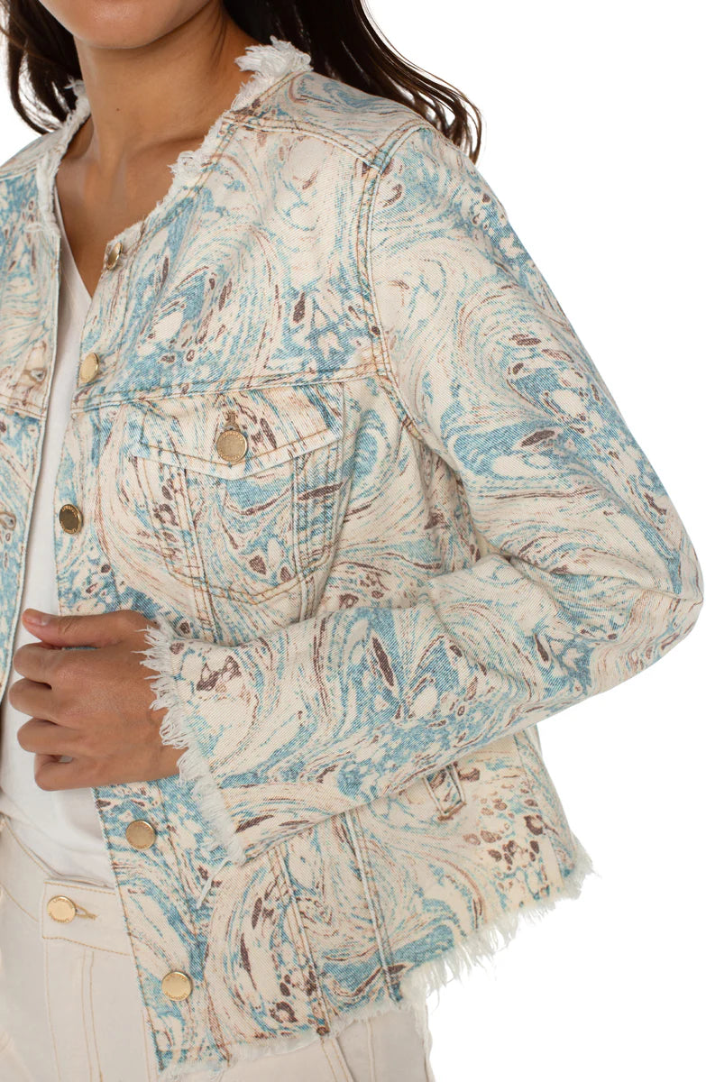 Printed Cropped Jacket with Fray Hem