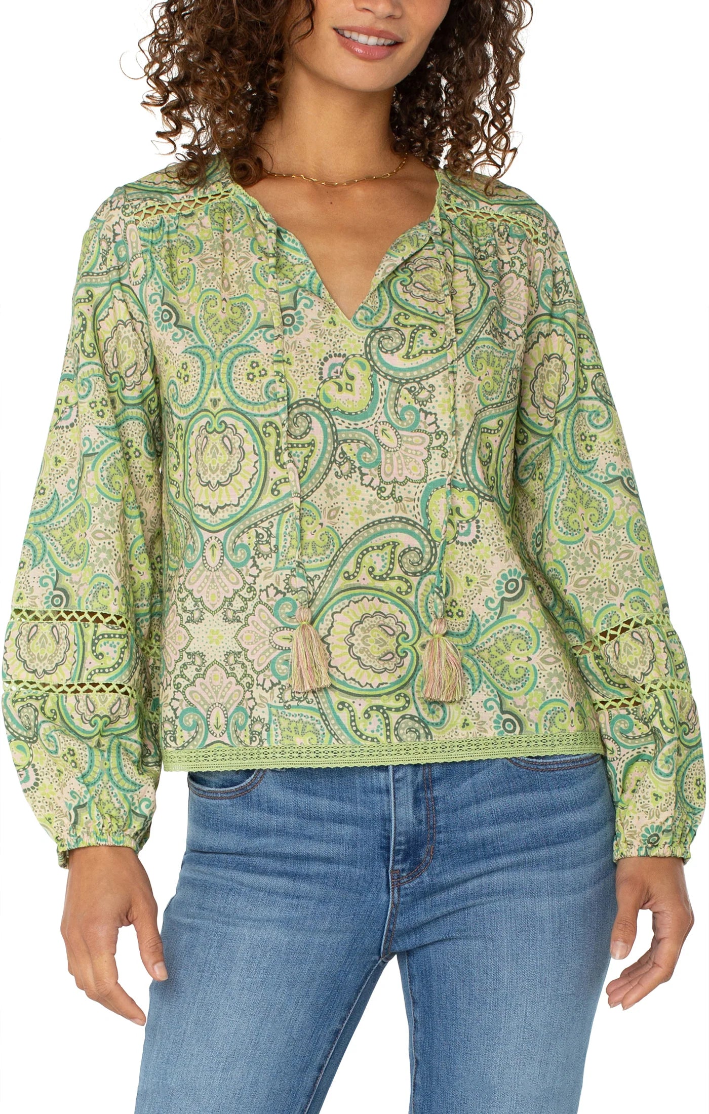 Tie Front Shirred Blouse With Trim