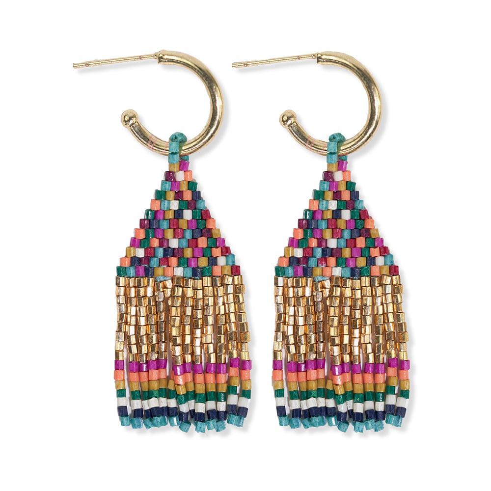 Leta Mini Gold Hoop Confetti Top And Stripe Short Fringe Earrings