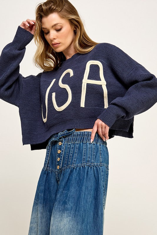 USA Cropped Pullover Letter Sweater