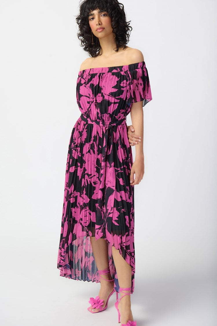 Floral Print Chiffon Off-Shoulder Pleated Dress