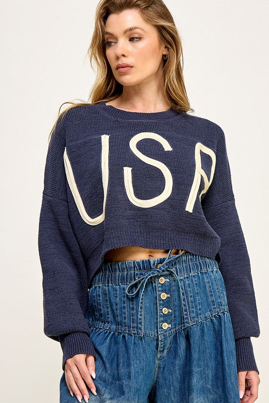 USA Cropped Pullover Letter Sweater