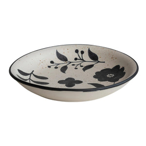 Hand-Painted Stoneware Bowl w/ Floral Design, Matte Black & Cream Color Speckled