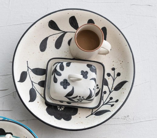 Hand-Painted Stoneware Butter Dish w/ Floral Design, Matte Black & Cream Color Speckled