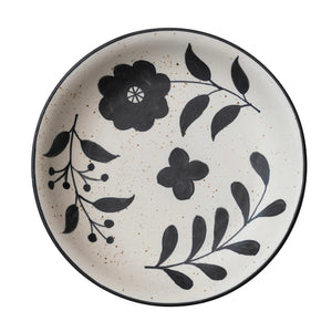 Hand-Painted Stoneware Bowl w/ Floral Design, Matte Black & Cream Color Speckled