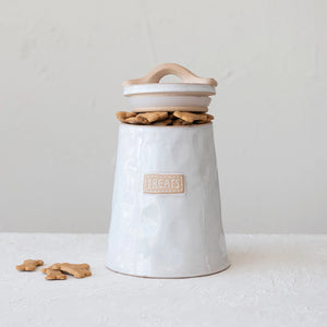 Stoneware Pet "Treats" Canister, White & Natural