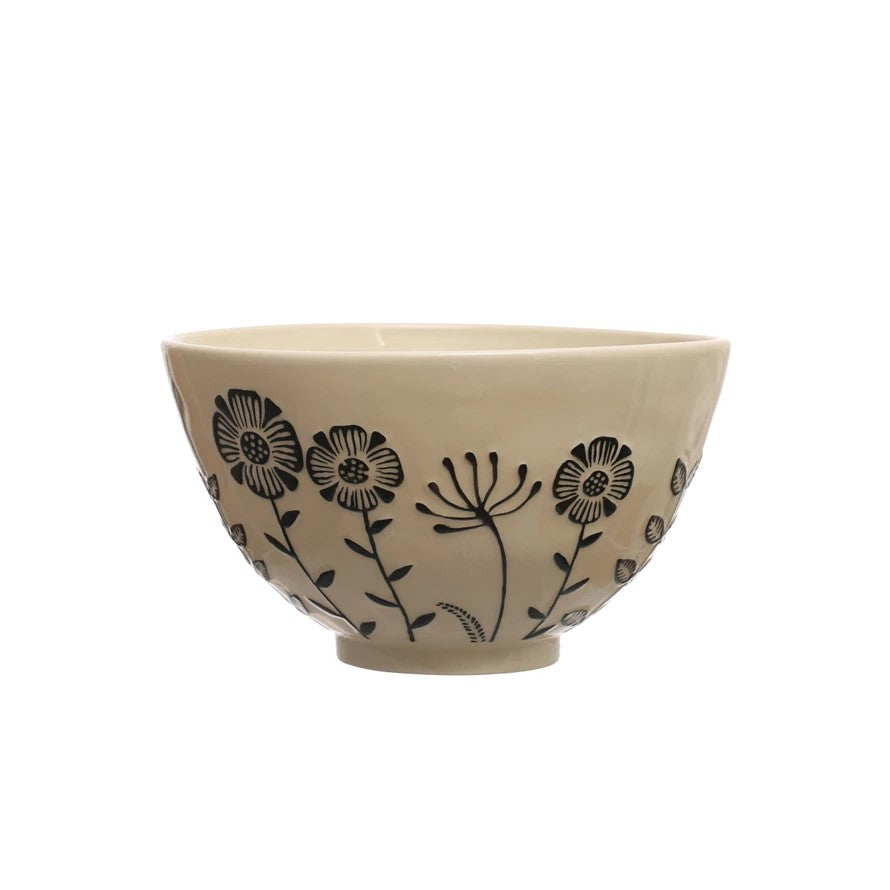 Hand-Painted Stoneware Serving Bowl w/ Embossed Flowers