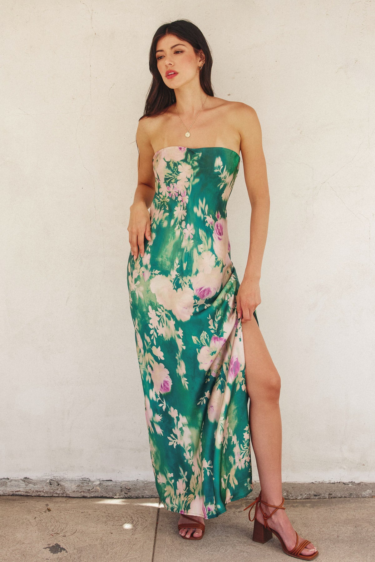 Green Strapless Floral Dress