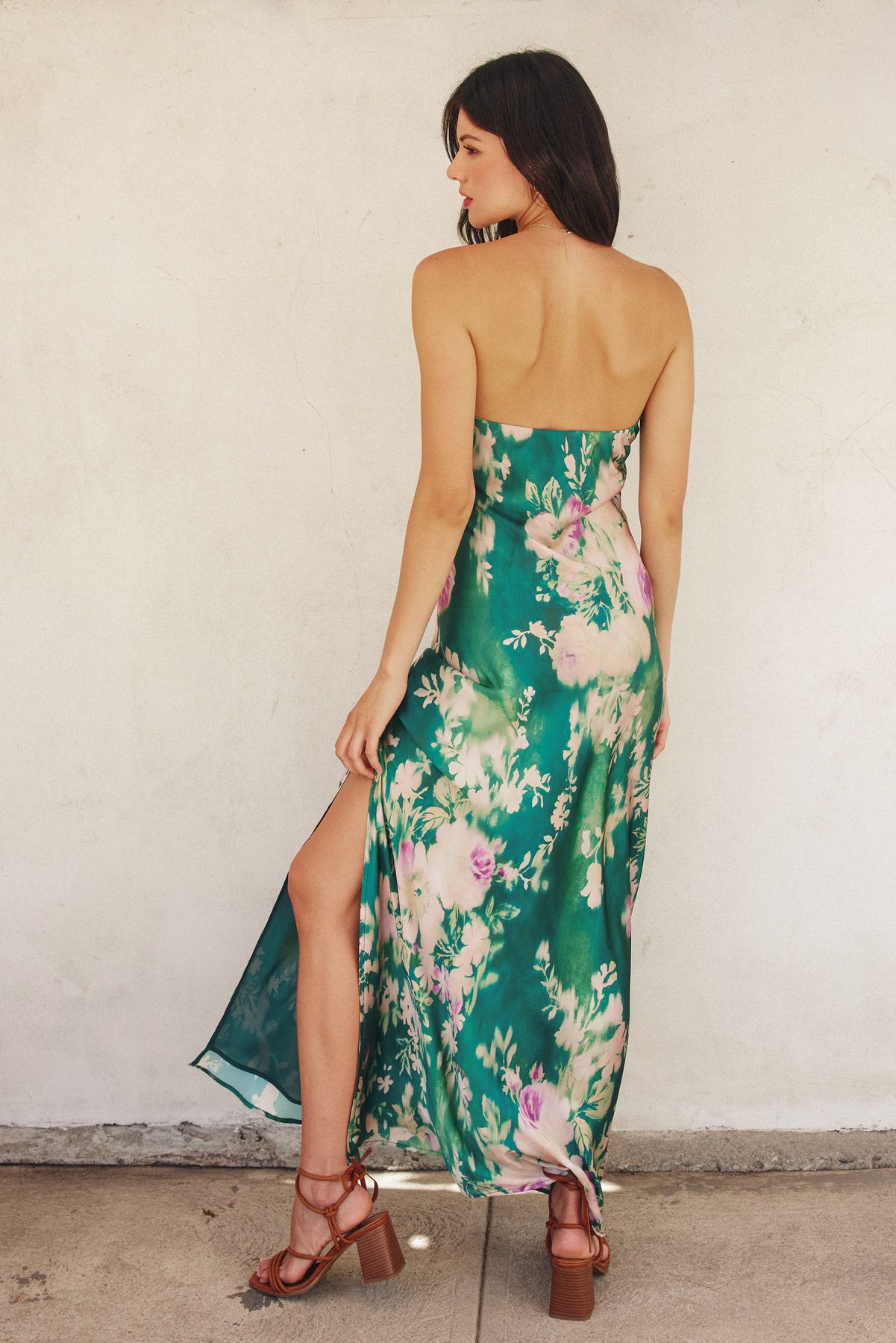 Green Strapless Floral Dress