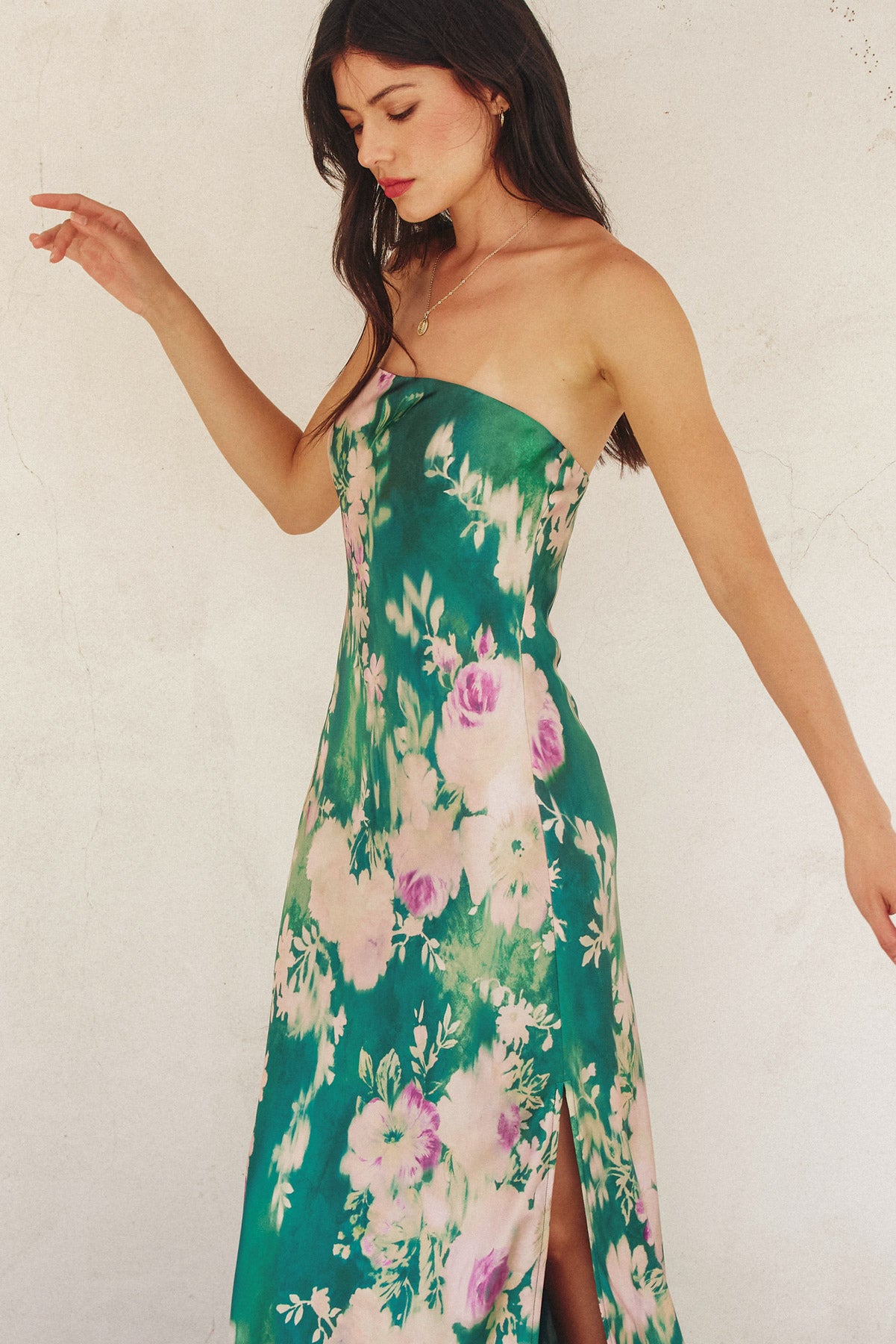 Green Strapless Floral Dress