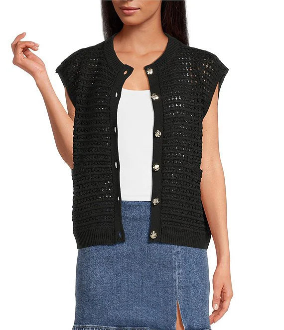 Sweater Knit Cap Sleeve Button Front Cardigan