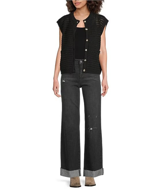 Sweater Knit Cap Sleeve Button Front Cardigan