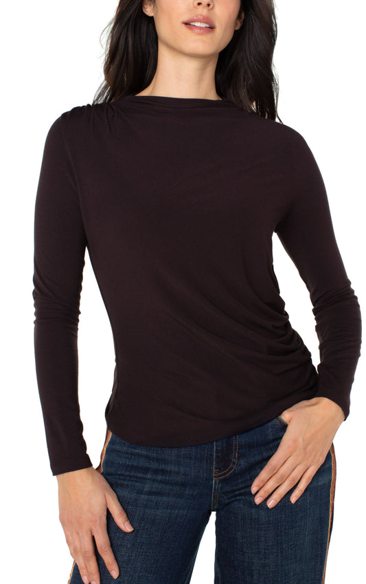 Long Sleeve Mock Neck Knit Top W/ Shirring