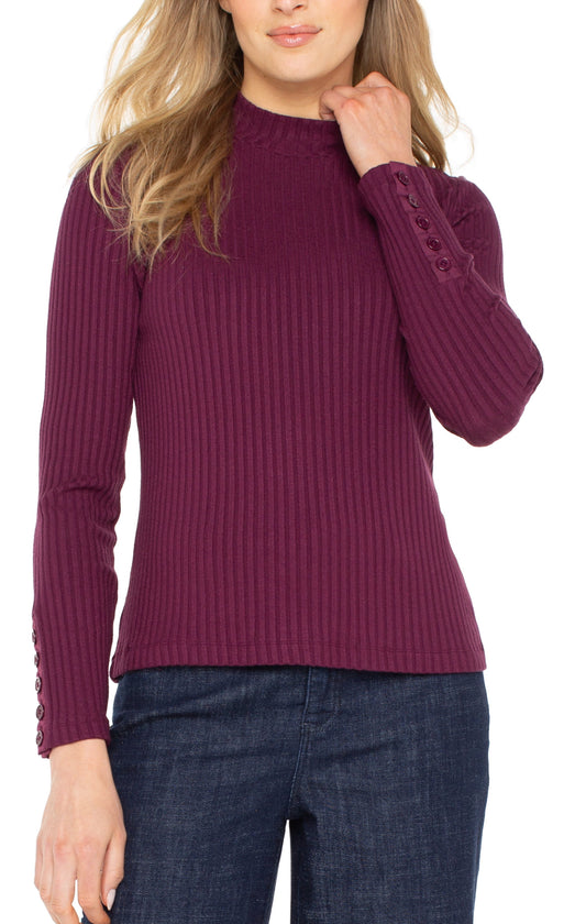 Long Sleeve Mock Neck Knit Top W/ Button Detail