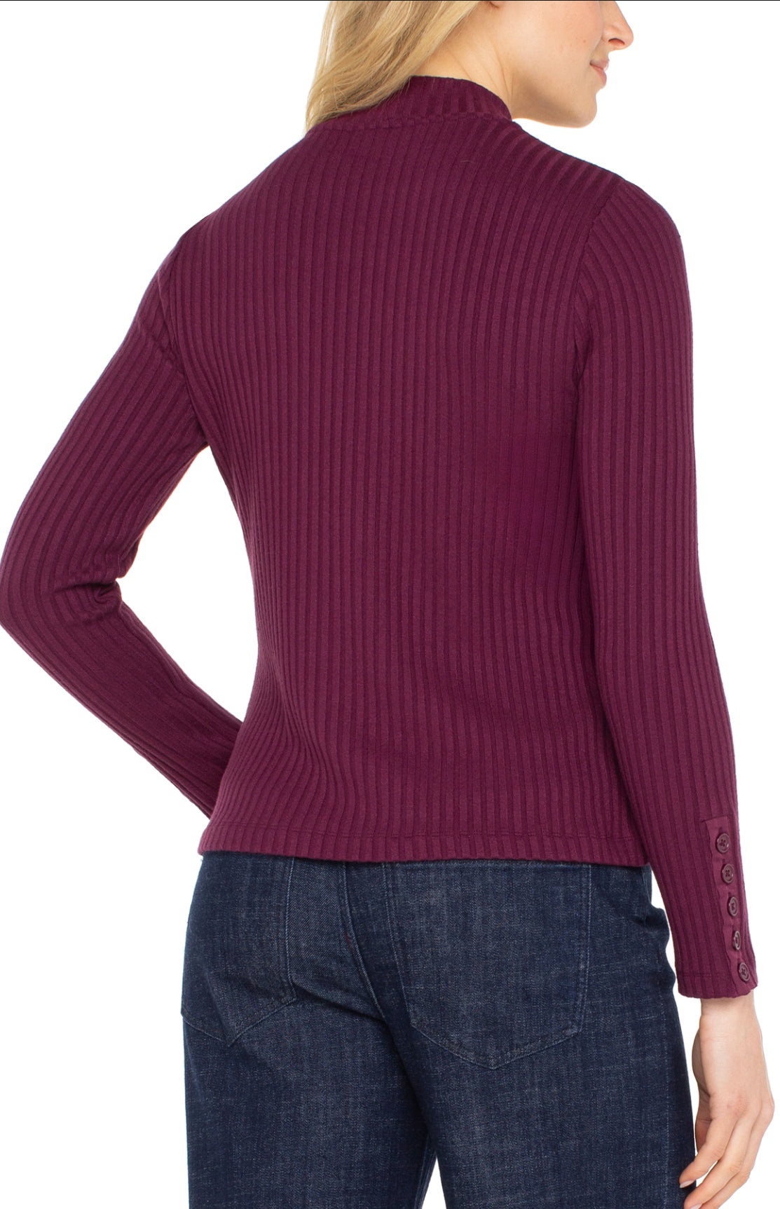 Long Sleeve Mock Neck Knit Top W/ Button Detail