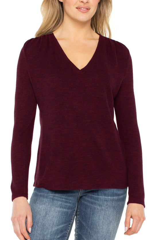 Long Sleeve V-neck Knit Top W/ Shirring