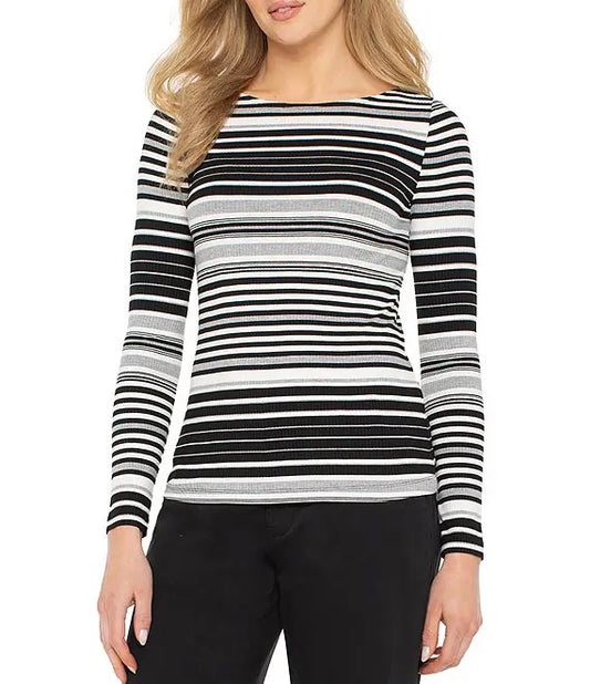 Ribbed Knit Striped Boat Neck Long Sleeve Top