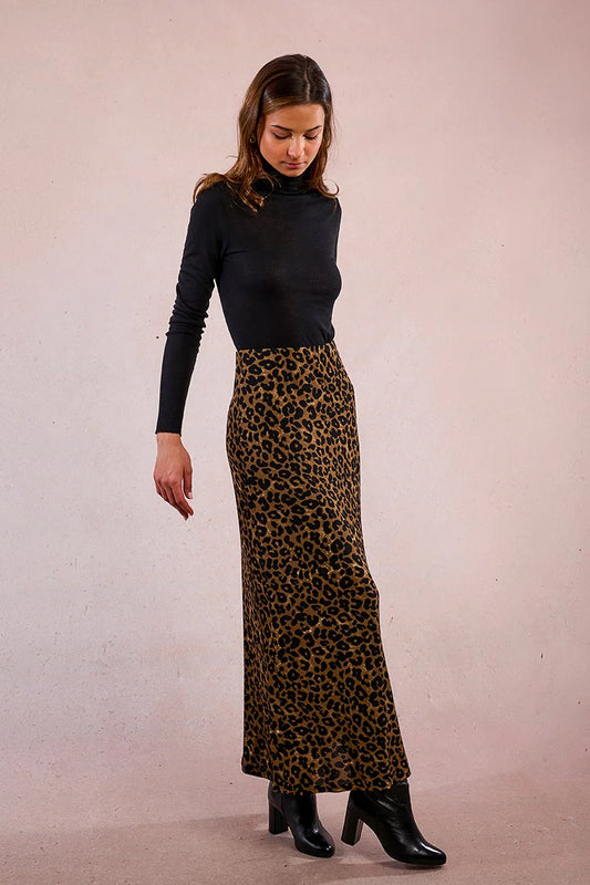 Leopard Knit Maxi Skirt in Khaki