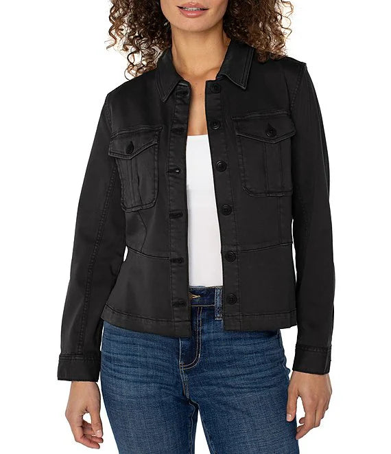 Twill Point Collar Long Sleeve Button Front Peplum Trucker Jacket