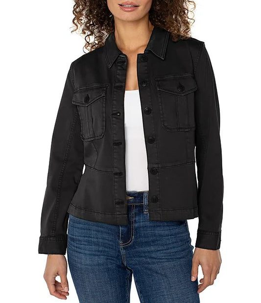 Twill Point Collar Long Sleeve Button Front Peplum Trucker Jacket