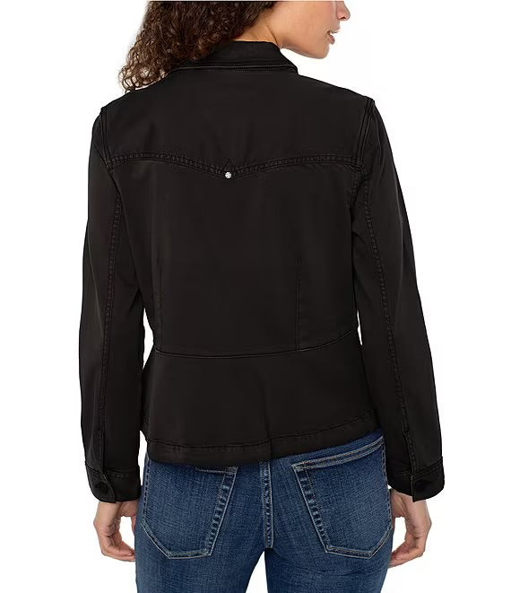 Twill Point Collar Long Sleeve Button Front Peplum Trucker Jacket