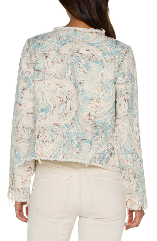 Printed Cropped Jacket with Fray Hem