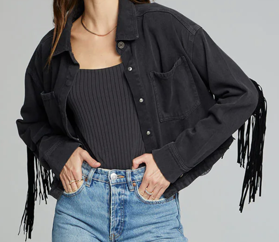 Saltwater Luxe Washed Black Jean Jacket with Fringe