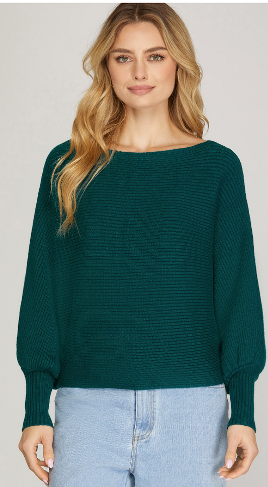 Long Dolman Sleeve Boat Neck Rib Knit Sweater Top