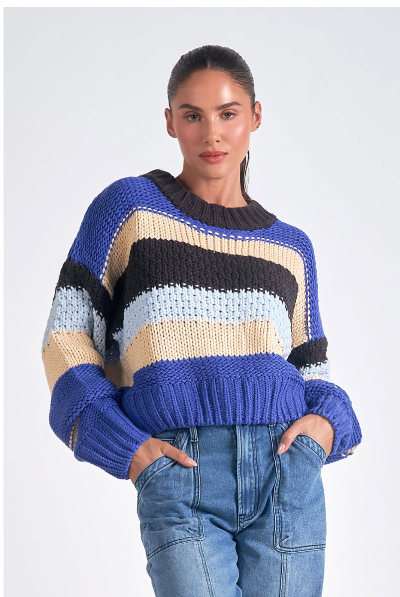 Blue Stripe Cropped Knit Crew