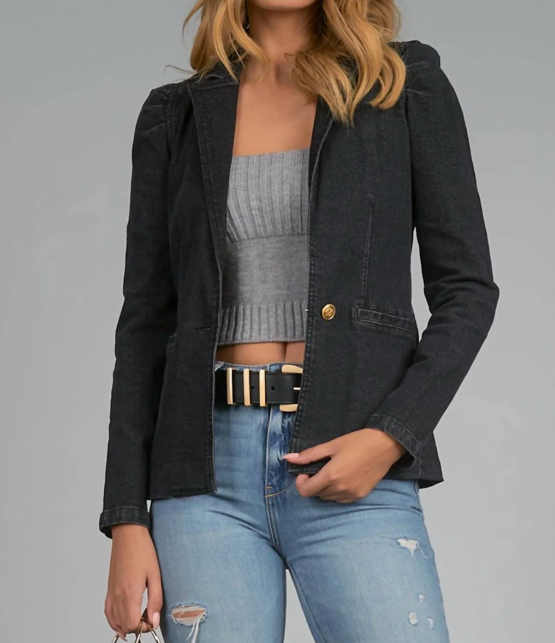 Puff Sleeve Blazer in Black Vintage Wash