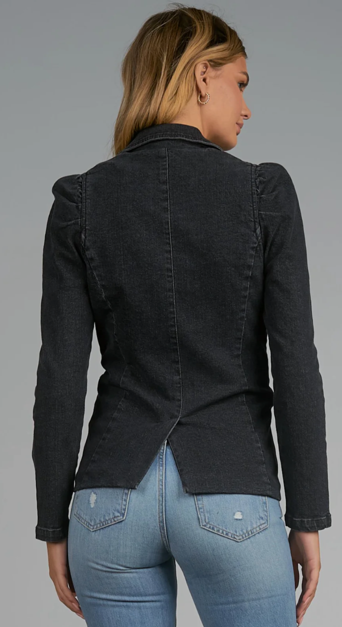 Puff Sleeve Blazer in Black Vintage Wash