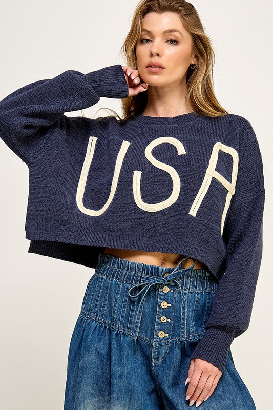 USA Cropped Pullover Letter Sweater