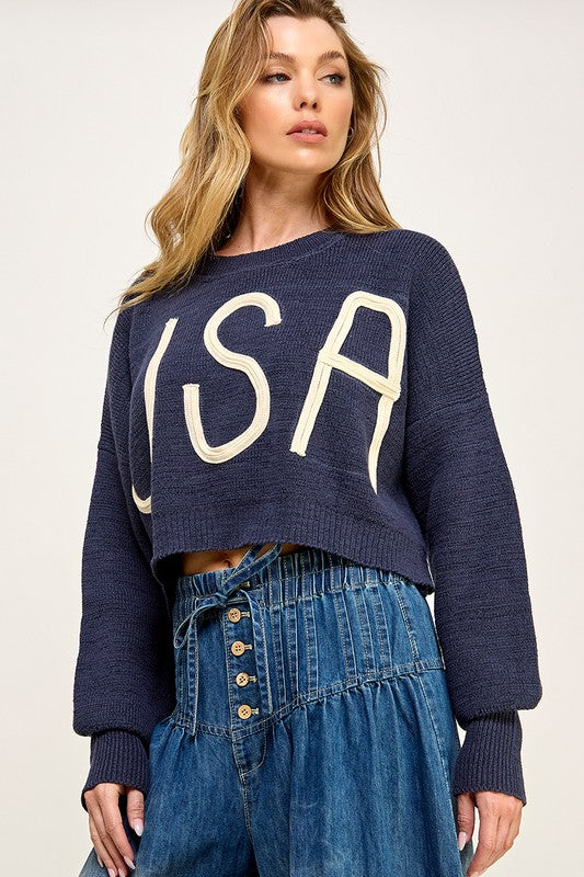 USA Cropped Pullover Letter Sweater