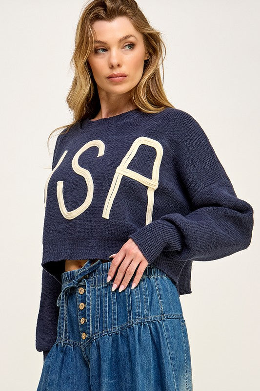 USA Cropped Pullover Letter Sweater