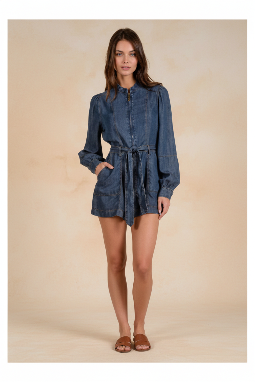 Elan  Long Sleeve Tie Belt Romper