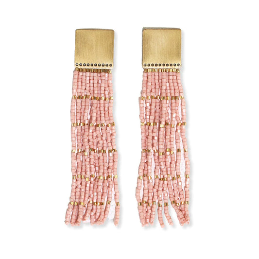 Harlow Brass Top Solid With Gold Stripe Beaded Fringe Earrings Blush