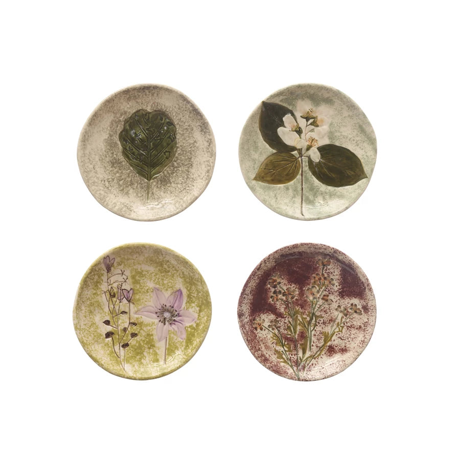 Hand-Painted Stoneware Plate with Debossed Florals