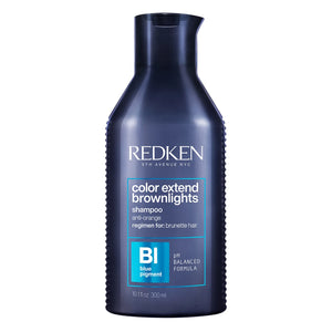 Redken's Color Extend Brownlights Blue Shampoo is a color-depositing, sulfate-free shampoo for natural or color treated brown hair. This hair toner is a blue shampoo that is ideal for color correcting and neutralizing brassy tones on natural and highlighted brown hair, and is great for brunettes who need gray coverage.