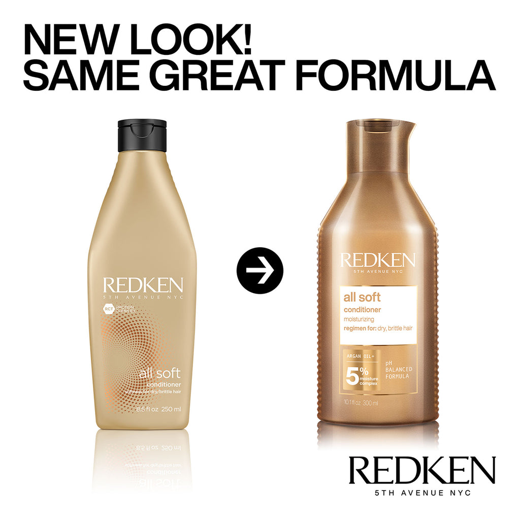 Made with Redken's Moisture Complex and Argan Oil, All Soft Conditioner detangles, moisturizes and softens dry, brittle hair. This conditioner provides 15x more conditioning and moisture when used with the complete All Soft haircare system.  BENEFITS  Detangles, replenishes, and provides intense softness